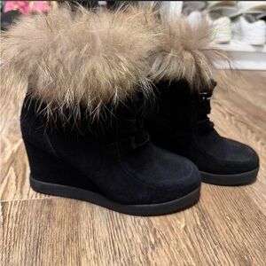Barneys New York Black Wedge Boots with Tan Fur Trim